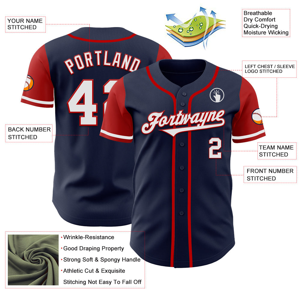 Custom Navy White-Red Authentic Two Tone Baseball Jersey view 3