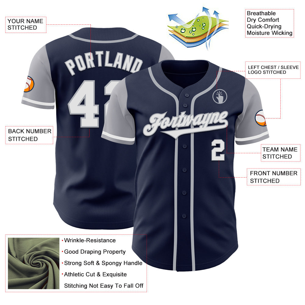 Custom Navy White-Gray Authentic Two Tone Baseball Jersey view 3