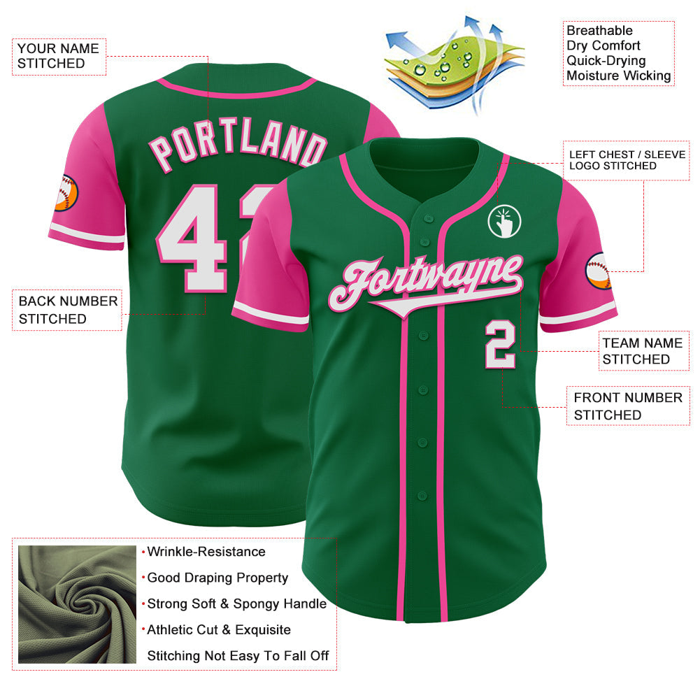 Custom Kelly Green White-Pink Authentic Two Tone Baseball Jersey view 3