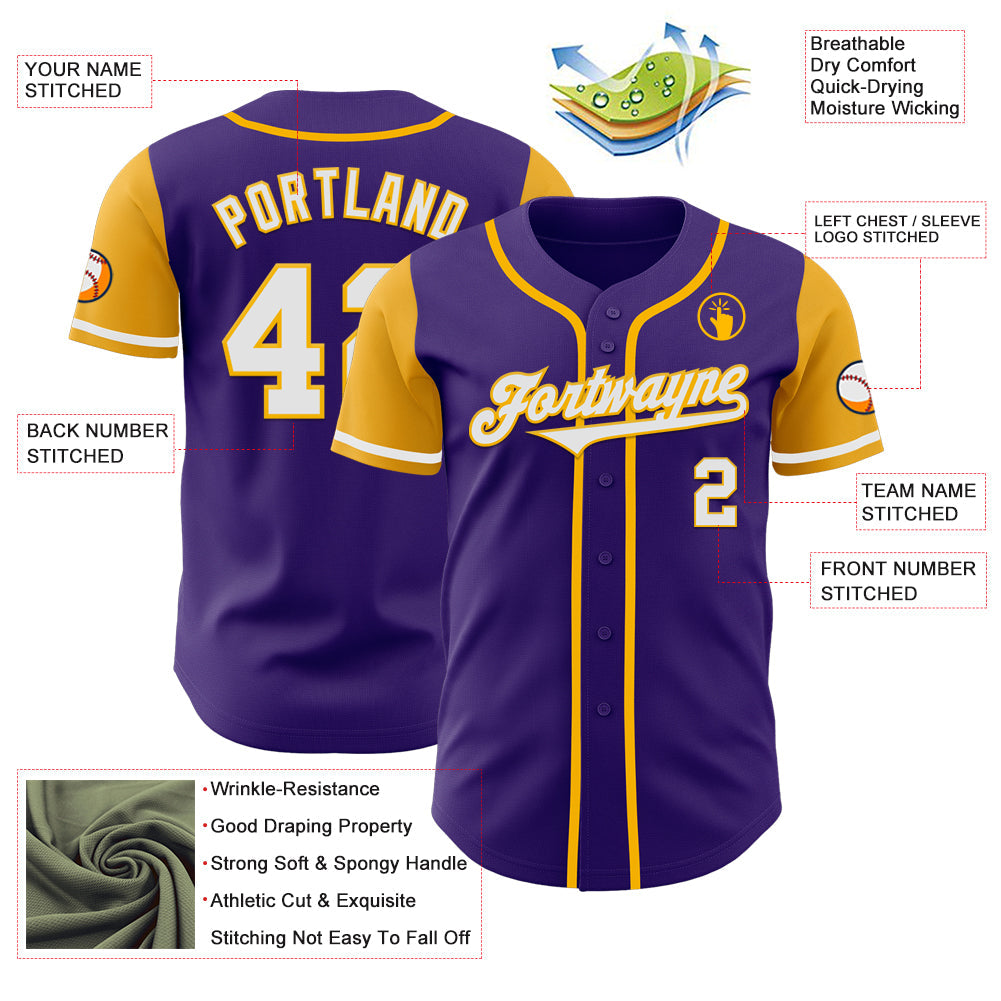 Custom Purple White-Gold Authentic Two Tone Baseball Jersey view 3