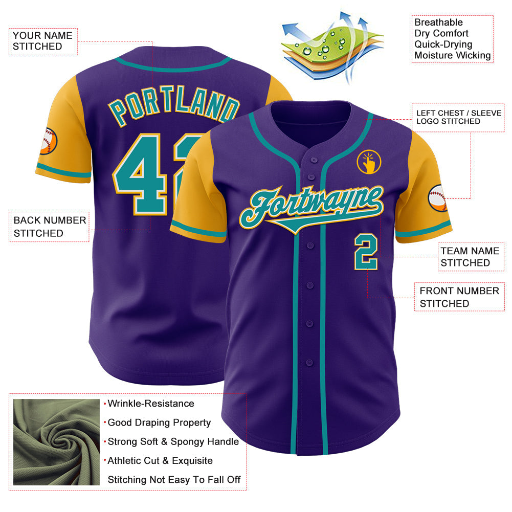 Custom Purple Teal-Gold Authentic Two Tone Baseball Jersey view 3
