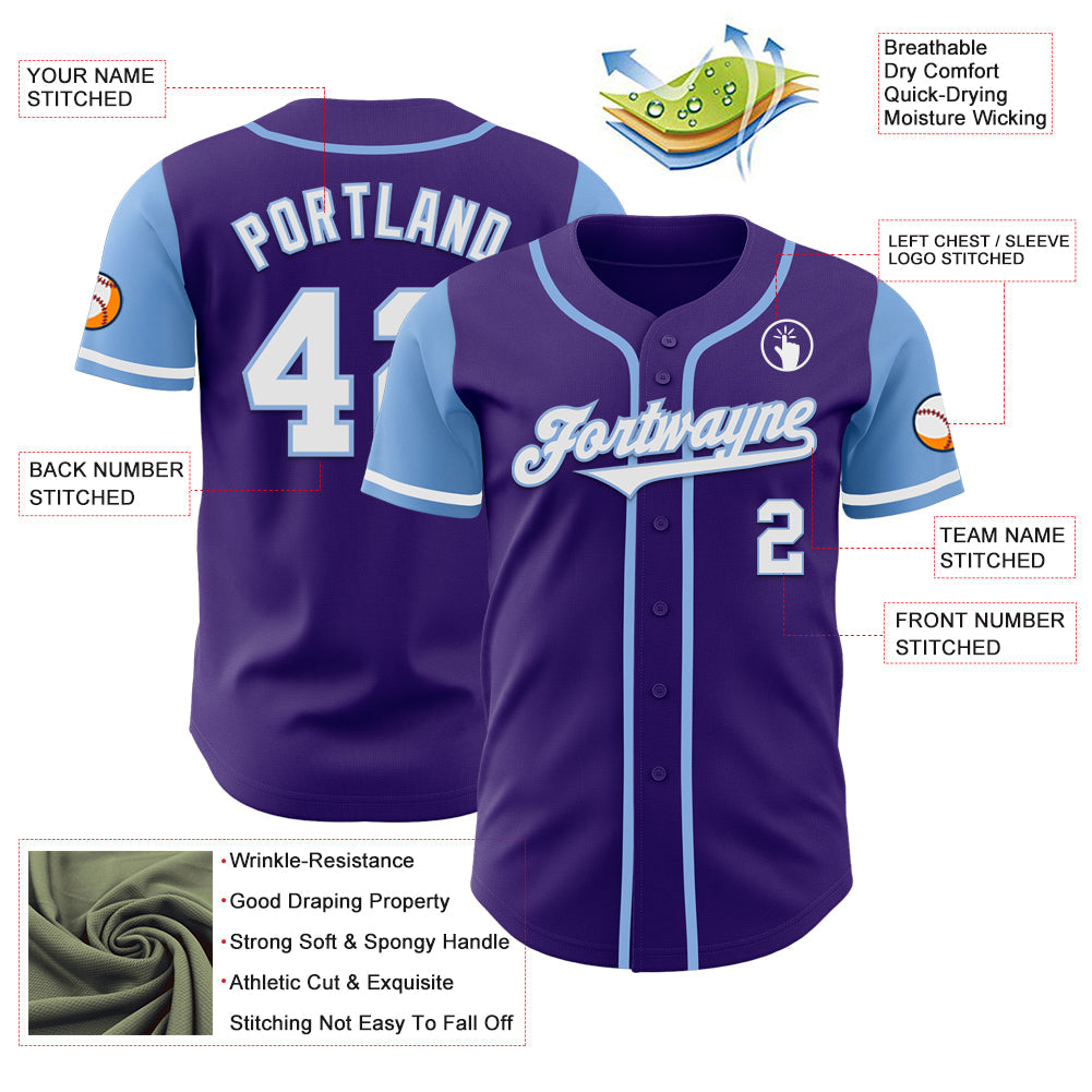 Custom Purple White-Light Blue Authentic Two Tone Baseball Jersey view 3
