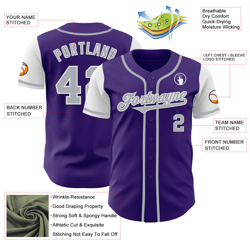 Custom Purple Gray-White Authentic Two Tone Baseball Jersey view 3