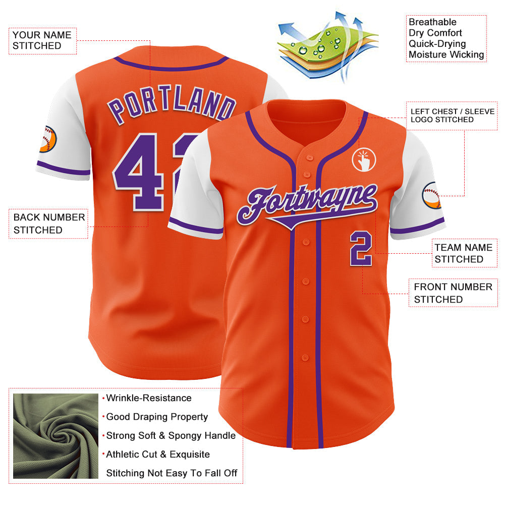 Custom Orange Purple-White Authentic Two Tone Baseball Jersey view 3