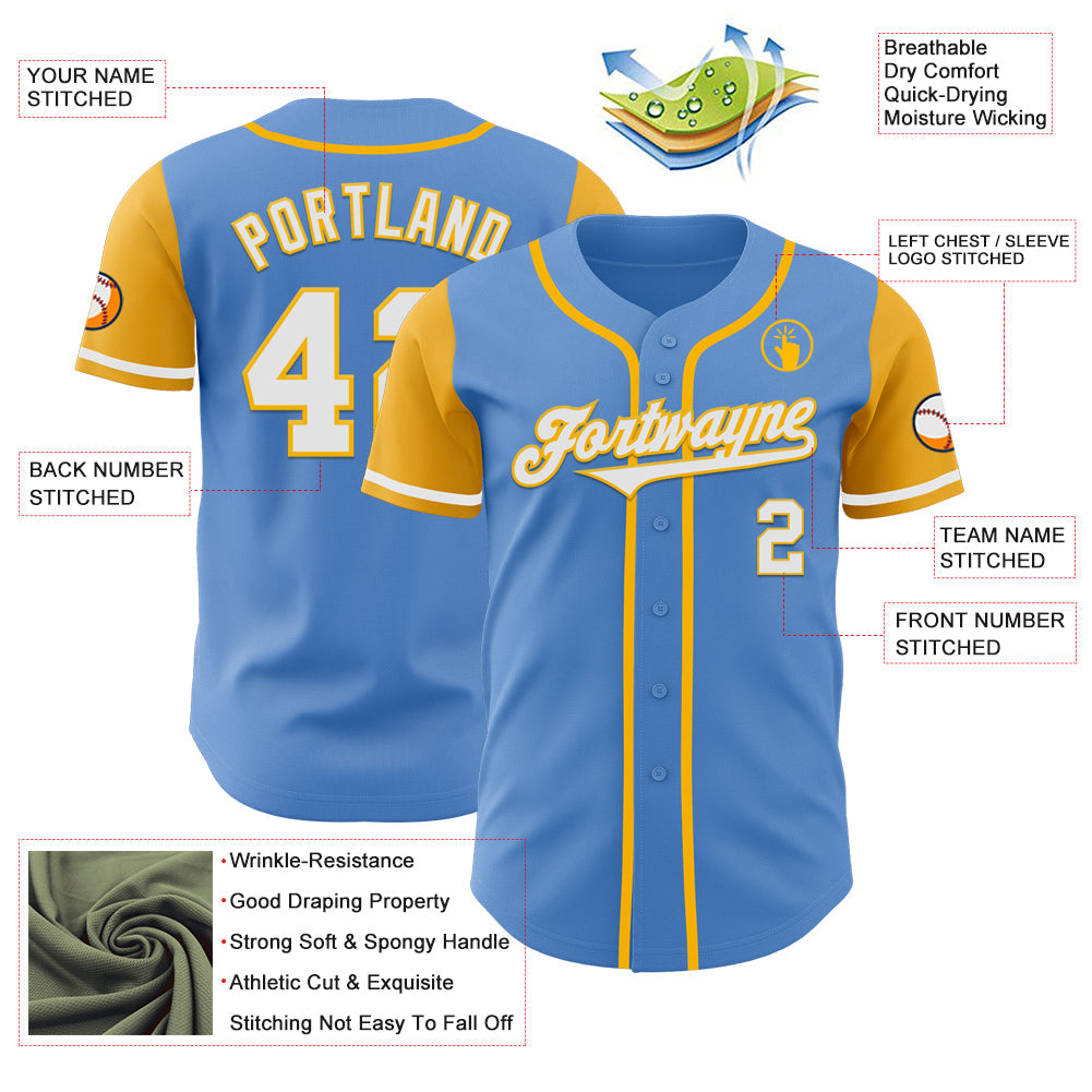 Custom Powder Blue White-Gold Authentic Two Tone Baseball Jersey view 3