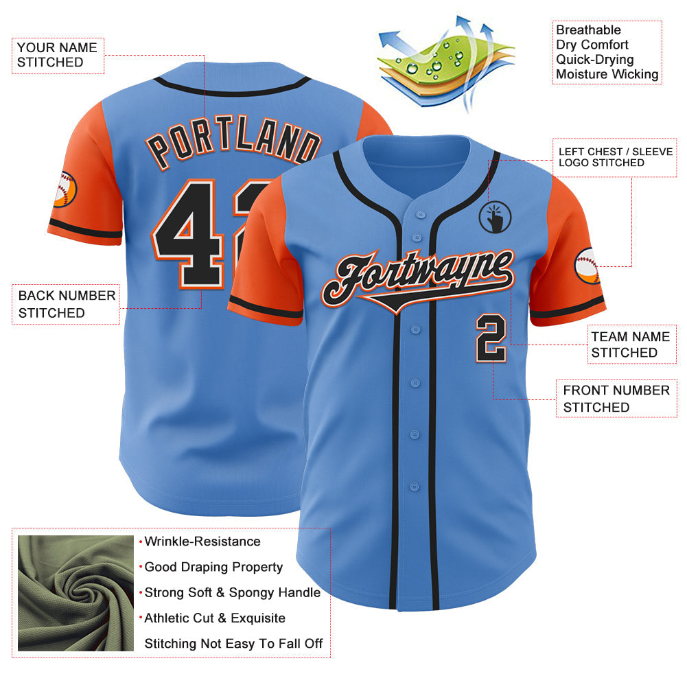 Custom Powder Blue Black-Orange Authentic Two Tone Baseball Jersey view 3