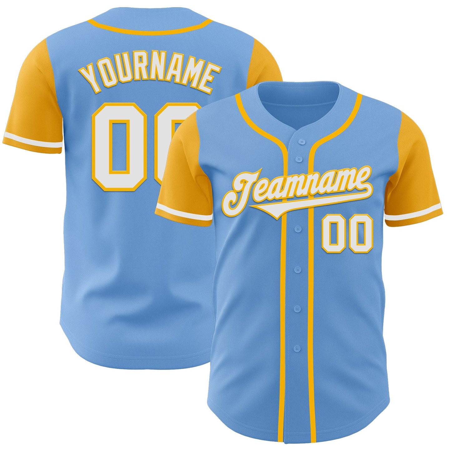 Custom Light Blue White-Gold Authentic Two Tone Baseball Jersey - Main View