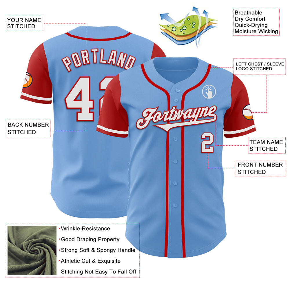 Custom Light Blue White-Red Authentic Two Tone Baseball Jersey view 3