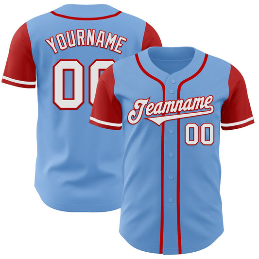 Custom Light Blue White-Red Authentic Two Tone Baseball Jersey - Main View