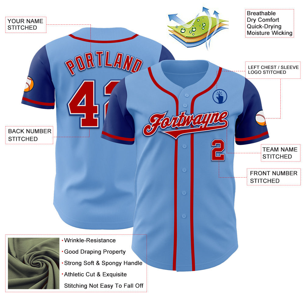 Custom Light Blue Red-Royal Authentic Two Tone Baseball Jersey view 3