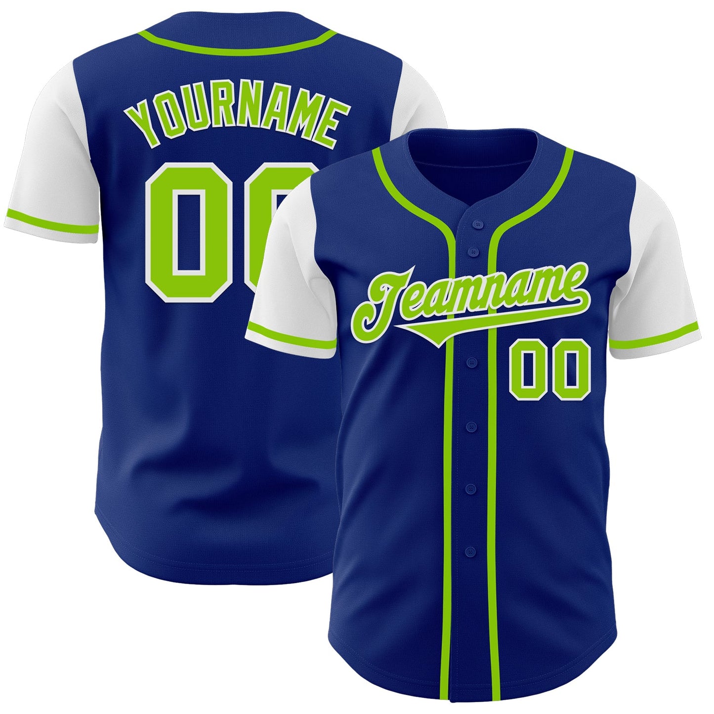 Custom Royal Neon Green-White Authentic Two Tone Baseball Jersey - Main View