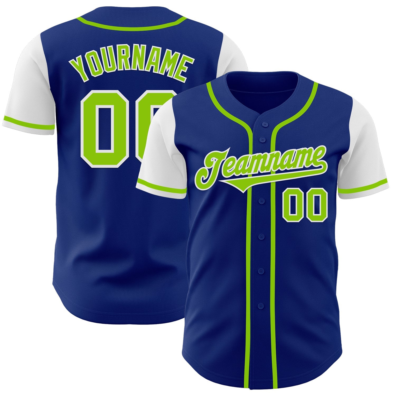 Custom Royal Neon Green-White Authentic Two Tone Baseball Jersey - Main View