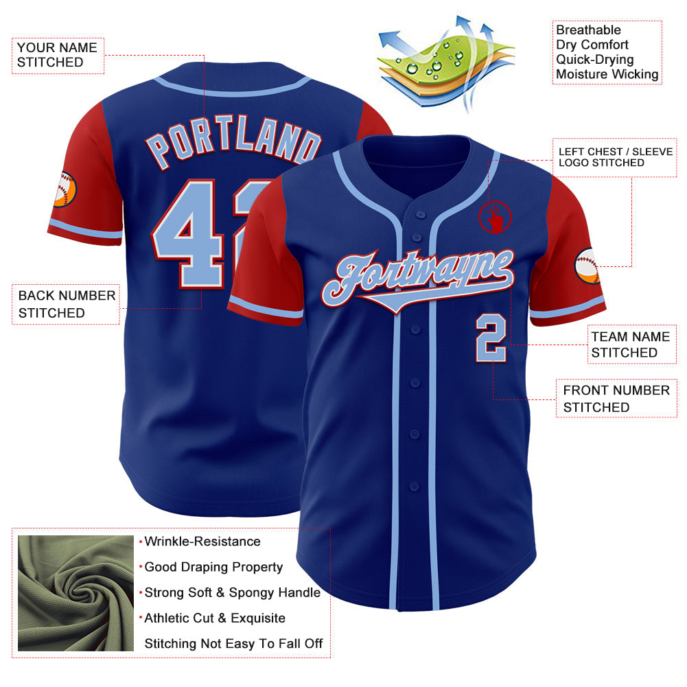 Custom Royal Light Blue-Red Authentic Two Tone Baseball Jersey view 3