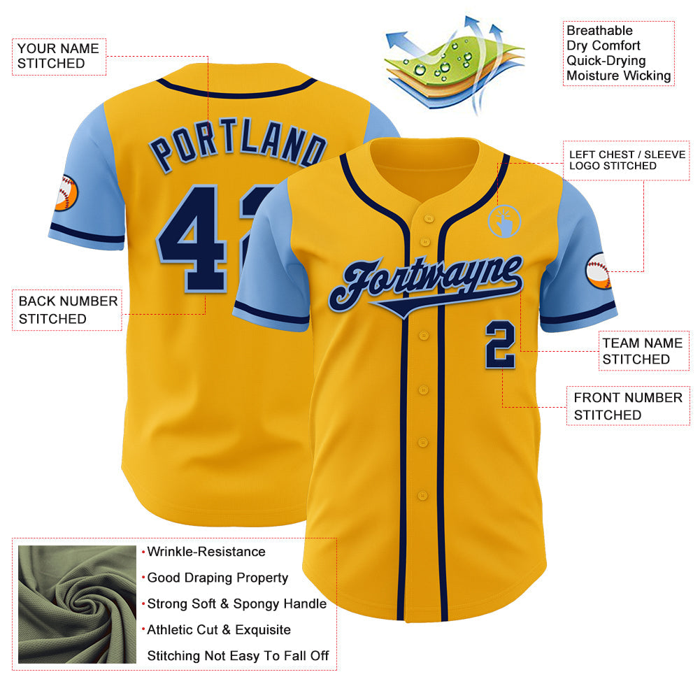 Custom Gold Navy-Light Blue Authentic Two Tone Baseball Jersey view 3