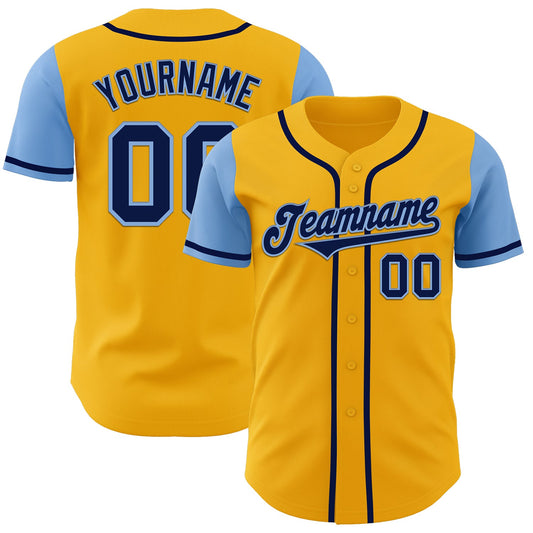 Custom Gold Navy-Light Blue Authentic Two Tone Baseball Jersey - Main View