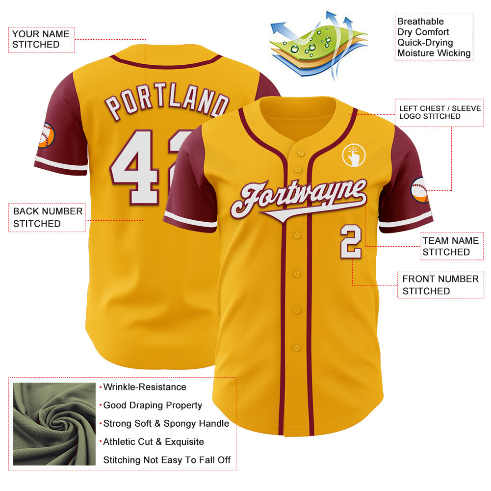 Custom Gold White-Crimson Authentic Two Tone Baseball Jersey view 3