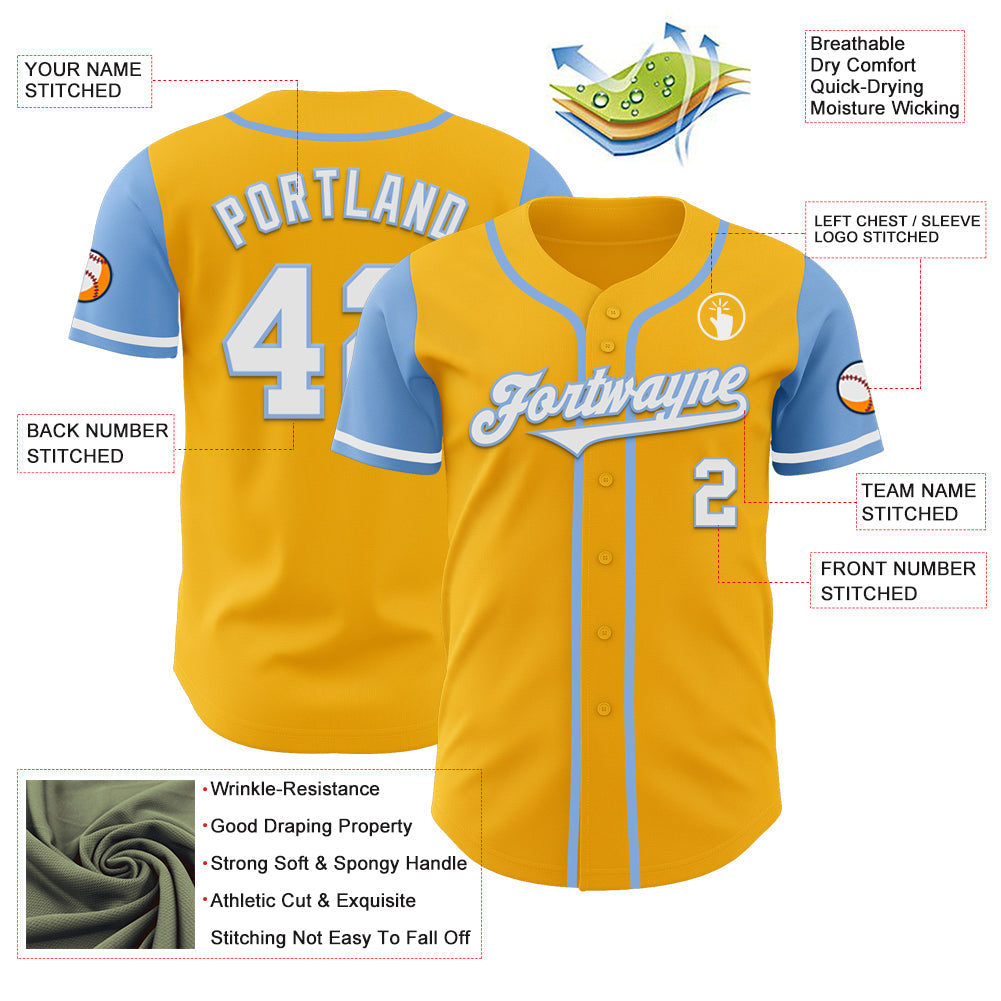 Custom Gold White-Light Blue Authentic Two Tone Baseball Jersey view 3