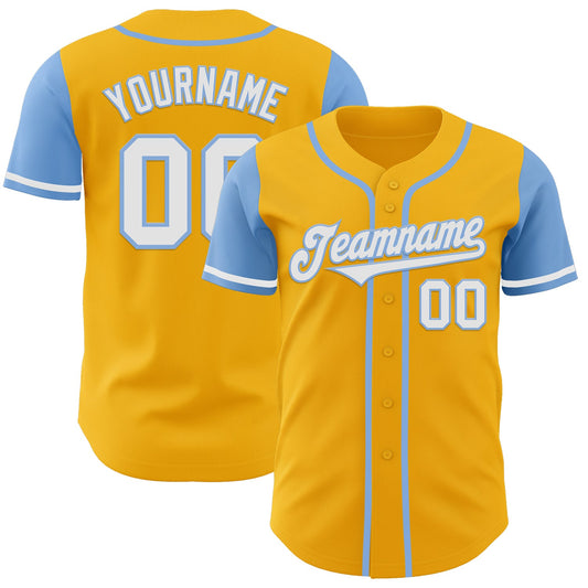 Custom Gold White-Light Blue Authentic Two Tone Baseball Jersey - Main View