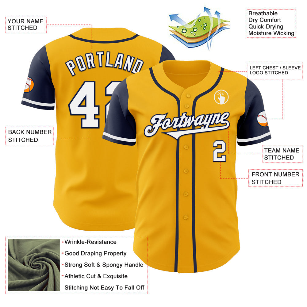 Custom Gold White-Navy Authentic Two Tone Baseball Jersey view 3