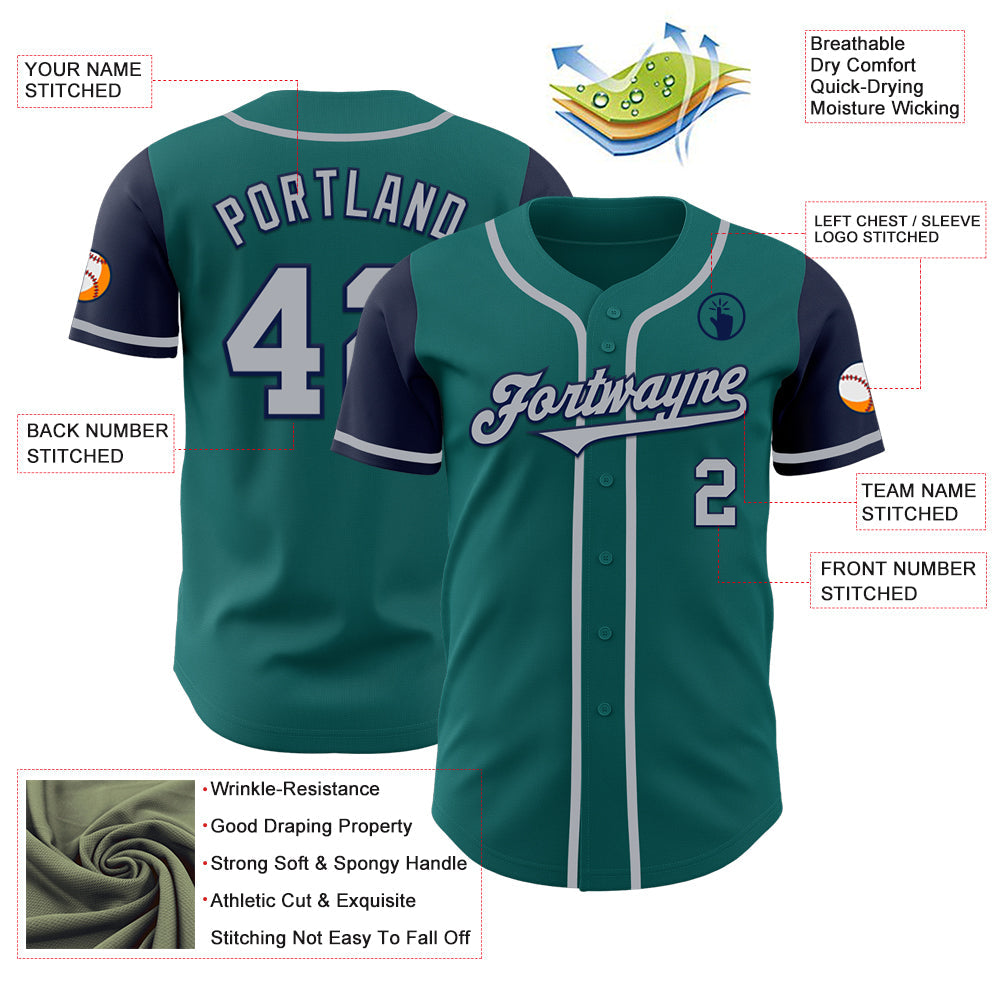 Custom Teal Gray-Navy Authentic Two Tone Baseball Jersey view 3