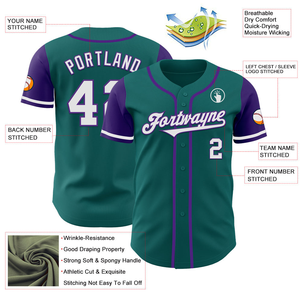 Custom Teal White-Purple Authentic Two Tone Baseball Jersey view 3