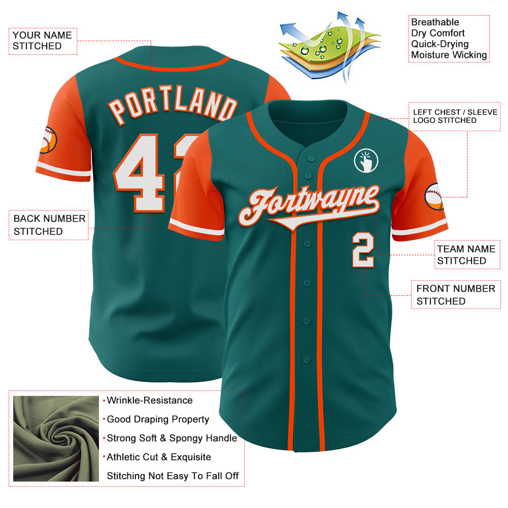 Custom Teal White-Orange Authentic Two Tone Baseball Jersey view 3