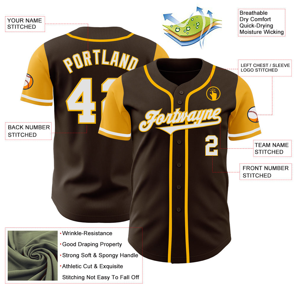 Custom Brown White-Gold Authentic Two Tone Baseball Jersey view 3