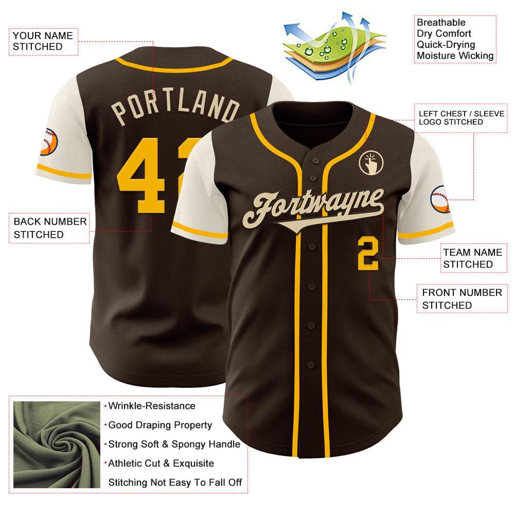 Custom Brown Gold-Cream Authentic Two Tone Baseball Jersey view 3