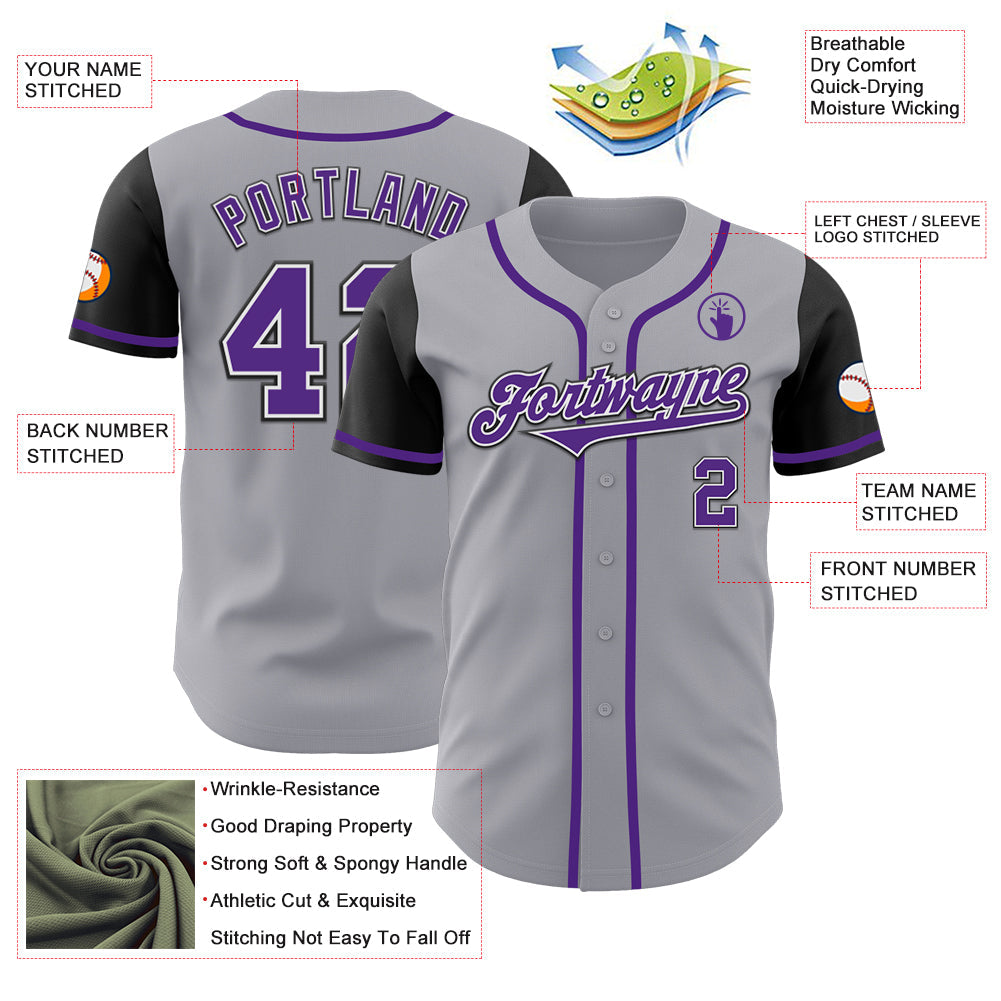 Custom Gray Purple-Black Authentic Two Tone Baseball Jersey view 3