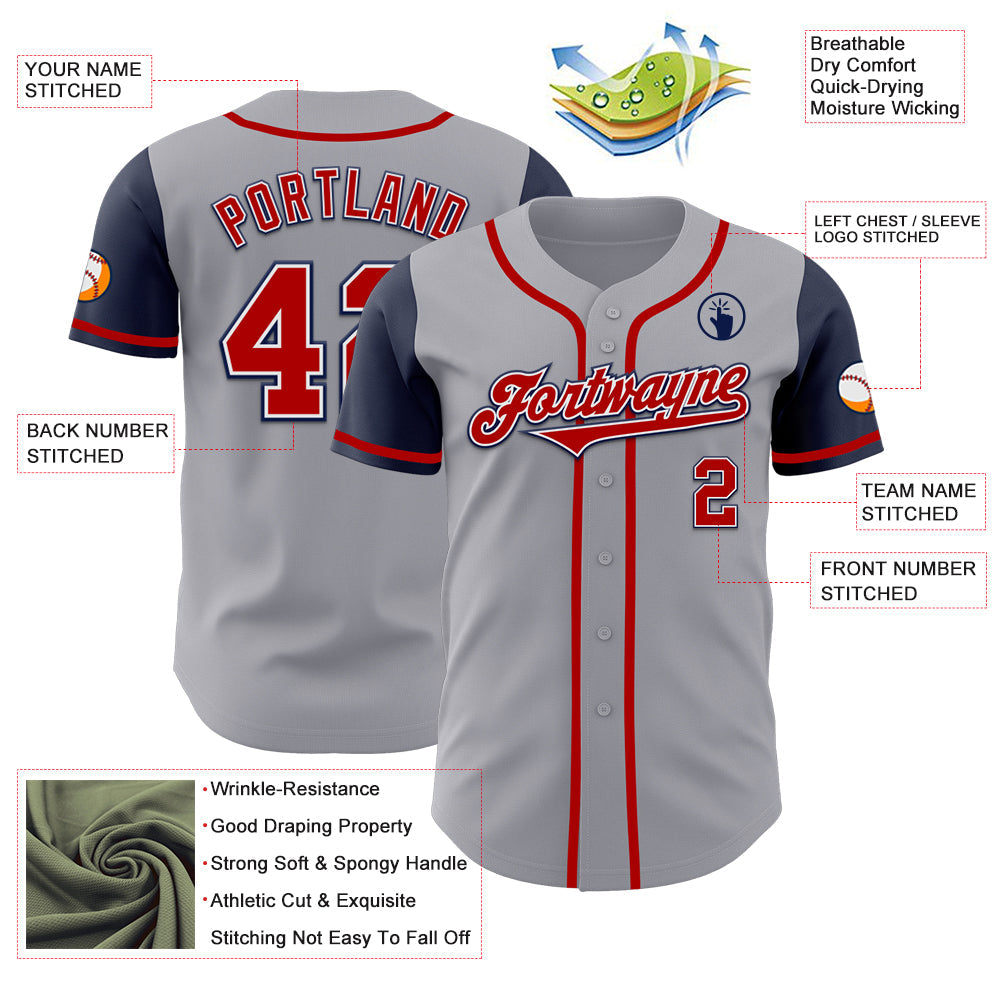 Custom Gray Red-Navy Authentic Two Tone Baseball Jersey view 3