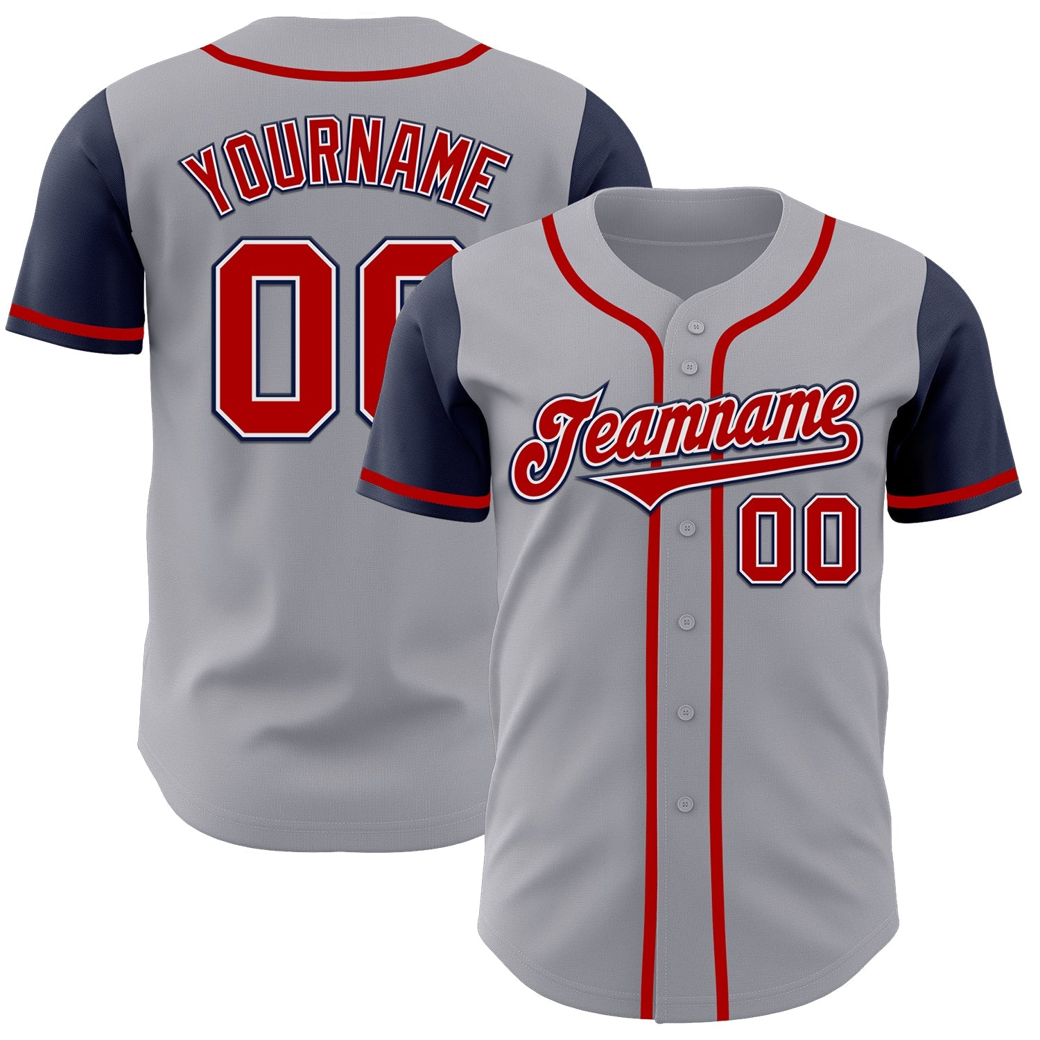 Custom Gray Red-Navy Authentic Two Tone Baseball Jersey - Main View