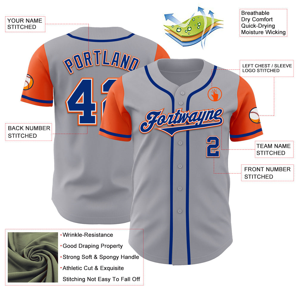 Custom Gray Royal-Orange Authentic Two Tone Baseball Jersey view 3