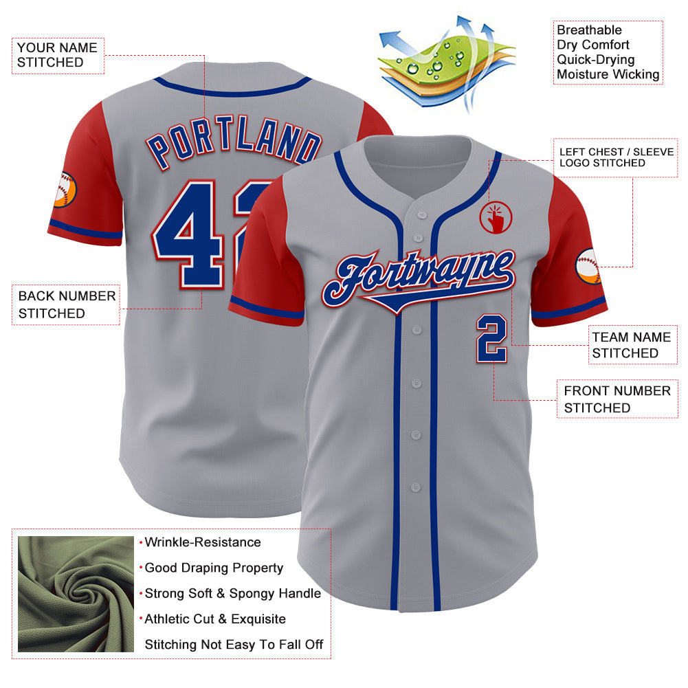 Custom Gray Royal-Red Authentic Two Tone Baseball Jersey view 3
