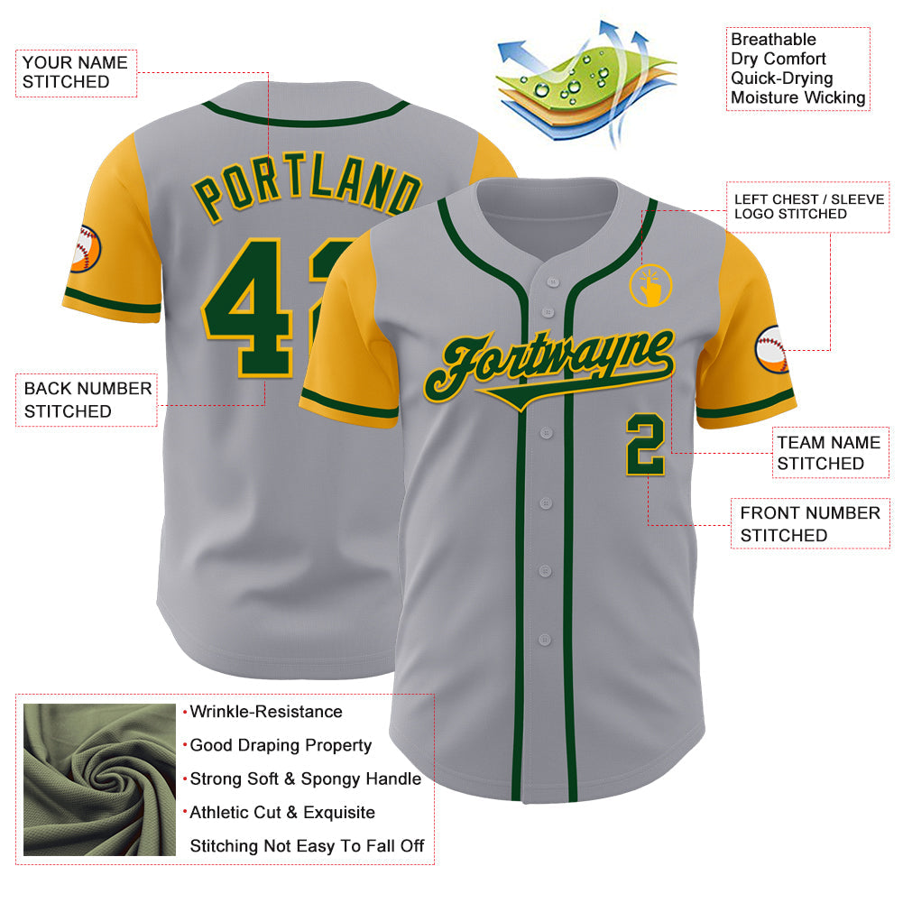 Custom Gray Green-Gold Authentic Two Tone Baseball Jersey view 3