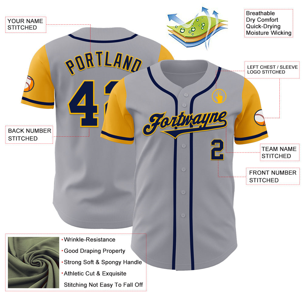 Custom Gray Navy-Gold Authentic Two Tone Baseball Jersey view 3