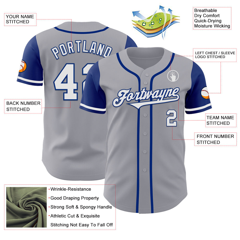 Custom Gray White-Royal Authentic Two Tone Baseball Jersey view 3