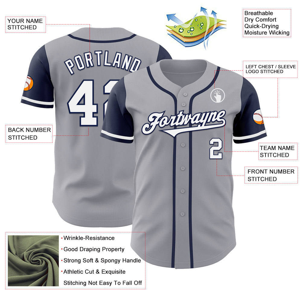 Custom Gray White-Navy Authentic Two Tone Baseball Jersey view 3