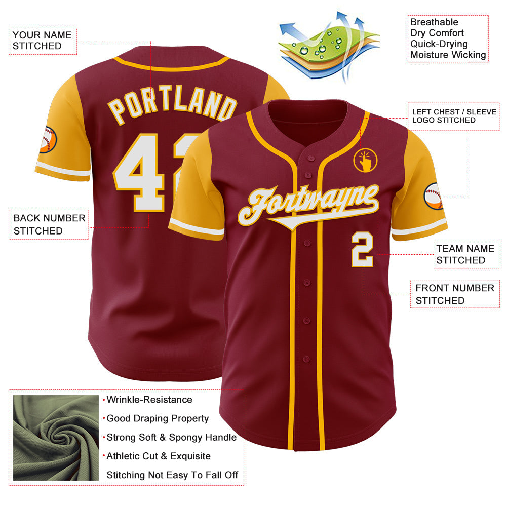 Custom Crimson White-Gold Authentic Two Tone Baseball Jersey view 3