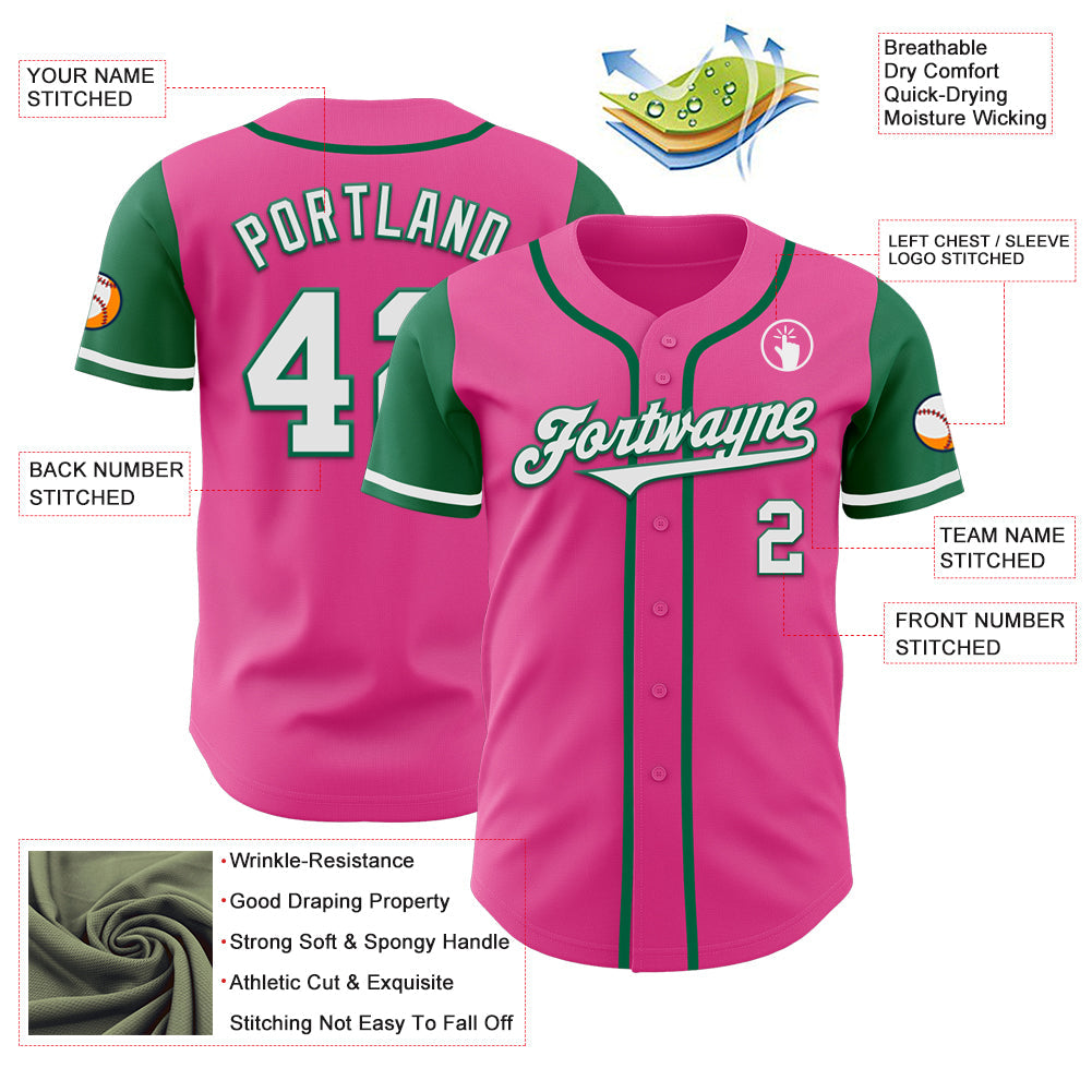 Custom Pink White-Kelly Green Authentic Two Tone Baseball Jersey view 3