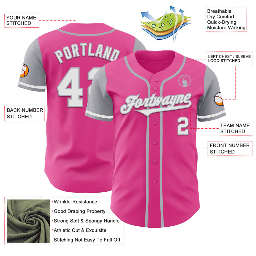 Custom Pink White-Gray Authentic Two Tone Baseball Jersey view 3