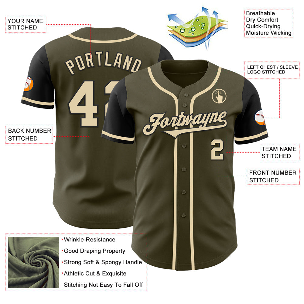 Custom Olive Cream-Black Authentic Two Tone Salute To Service Baseball Jersey view 3