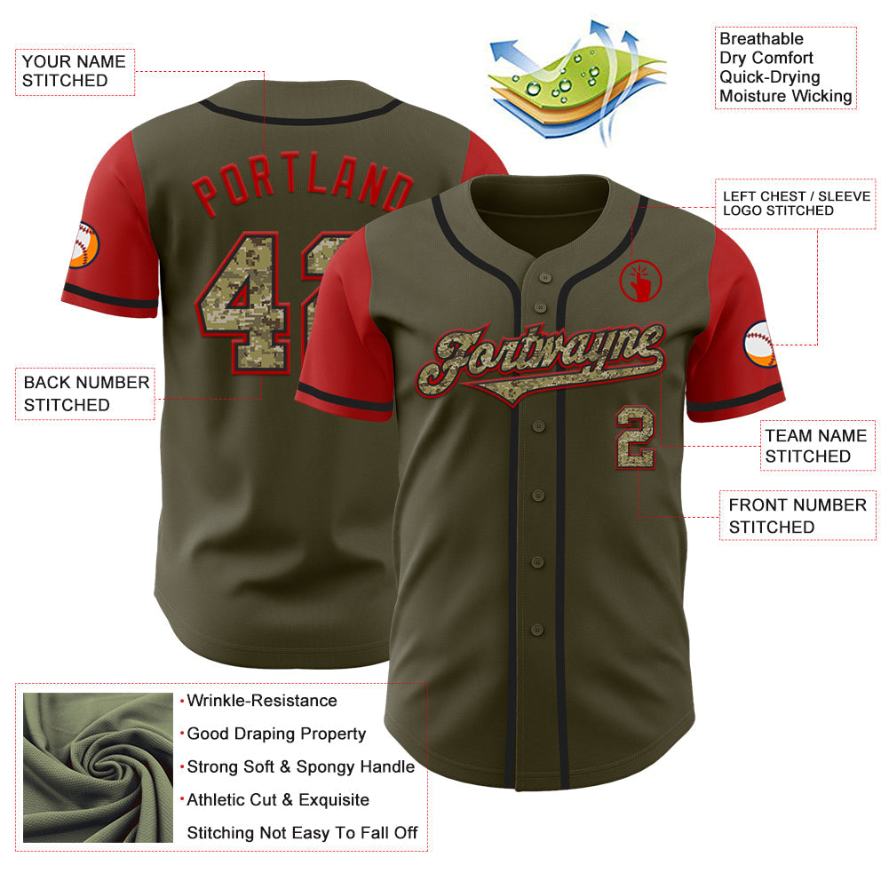 Custom Olive Camo-Black Authentic Two Tone Salute To Service Baseball Jersey view 3