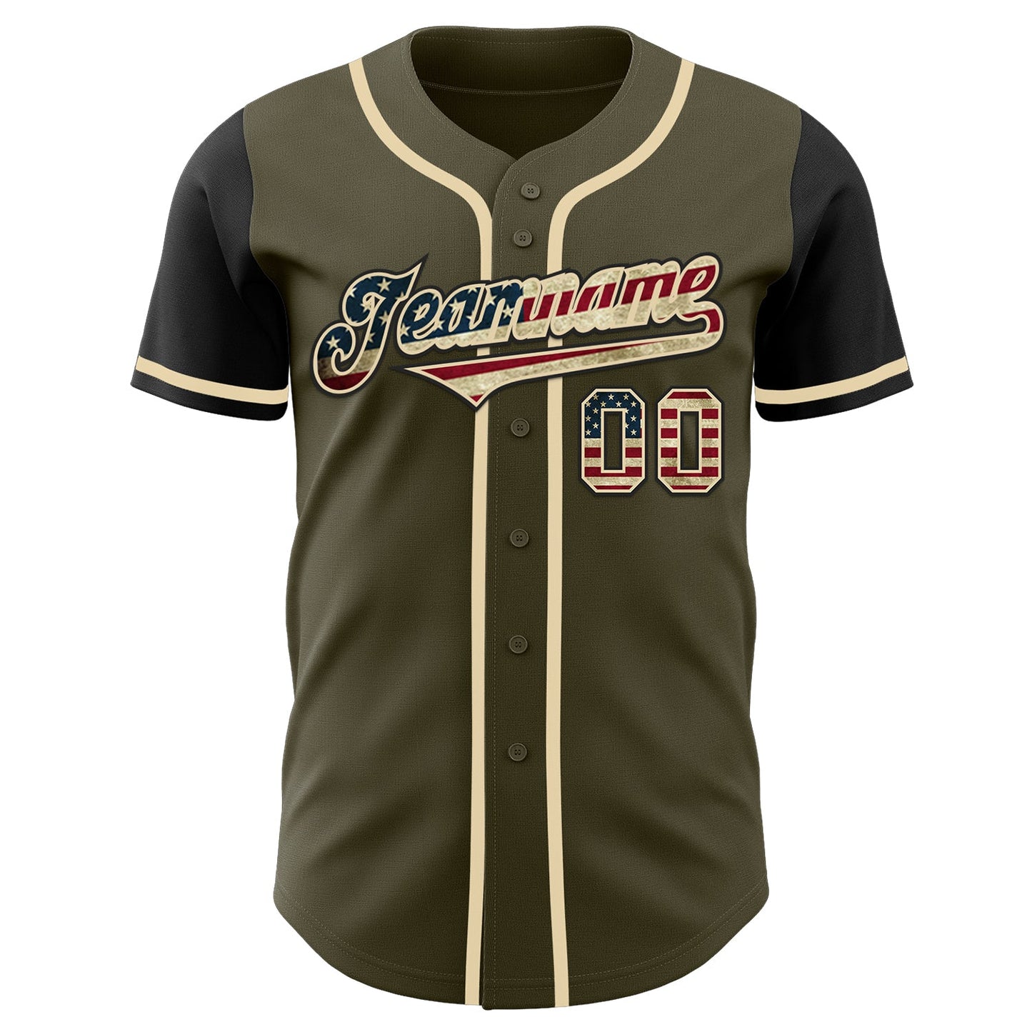 Custom Olive Vintage USA Flag-Black Authentic Two Tone Salute To Service Baseball Jersey view 2