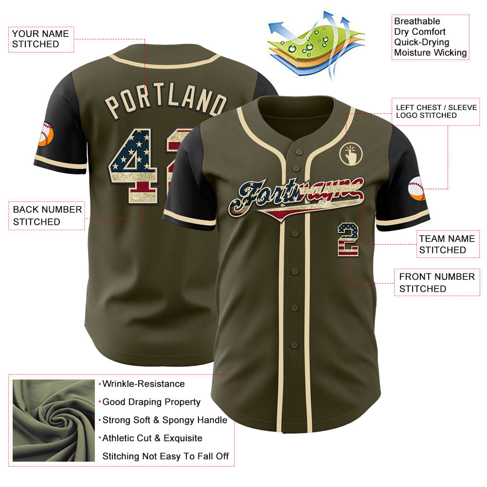 Custom Olive Vintage USA Flag-Black Authentic Two Tone Salute To Service Baseball Jersey view 3