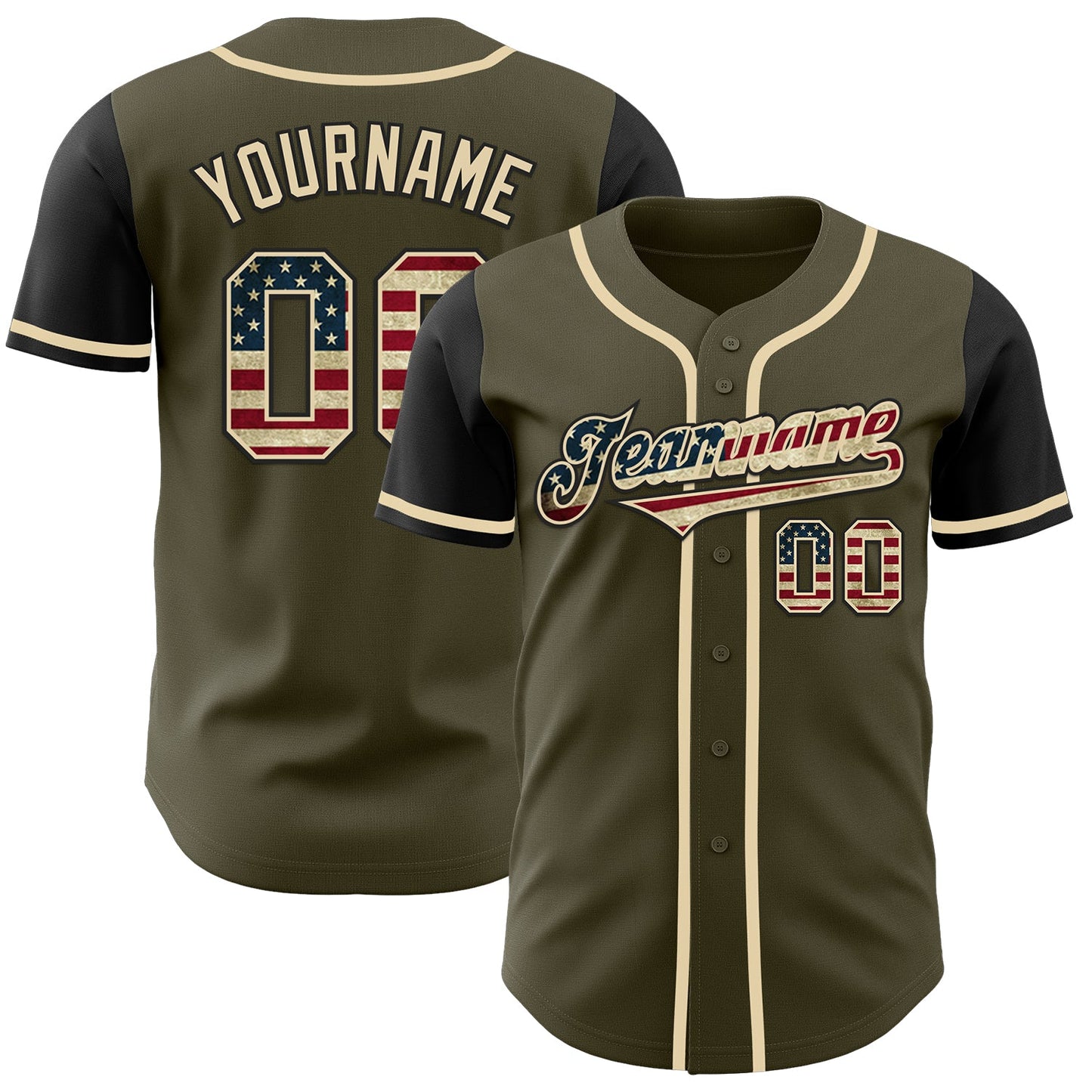 Custom Olive Vintage USA Flag-Black Authentic Two Tone Salute To Service Baseball Jersey - Main View
