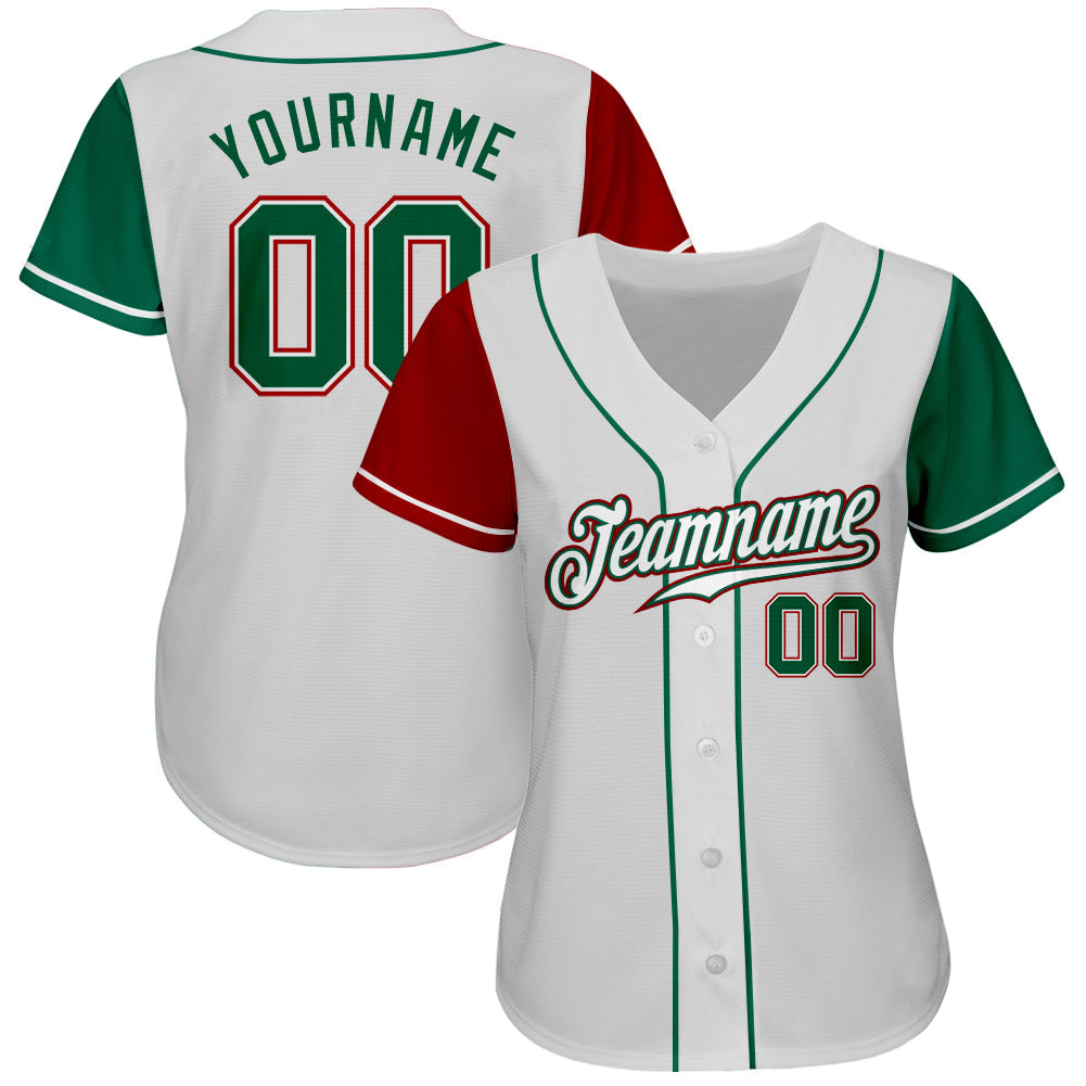 Custom White Kelly Green-Red Authentic Two Tone Baseball Jersey view 2