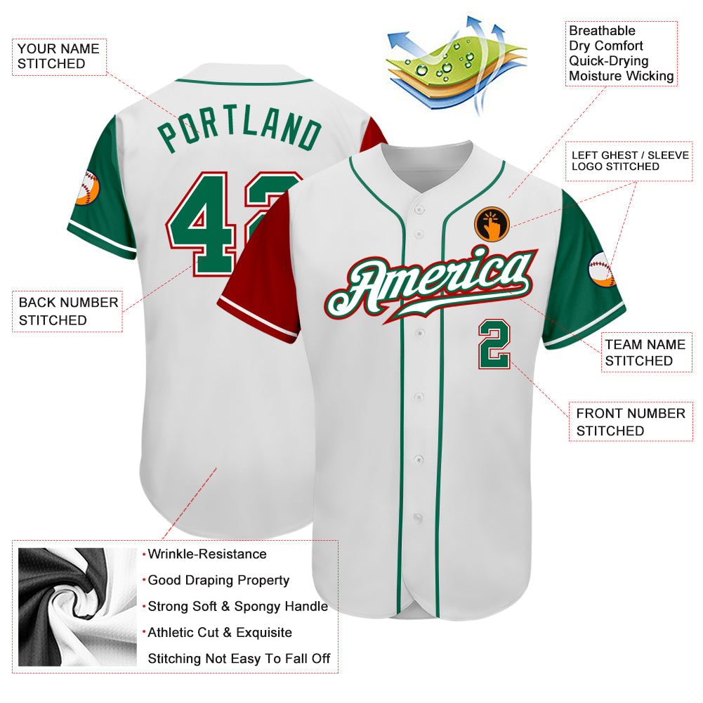 Custom White Kelly Green-Red Authentic Two Tone Baseball Jersey view 3