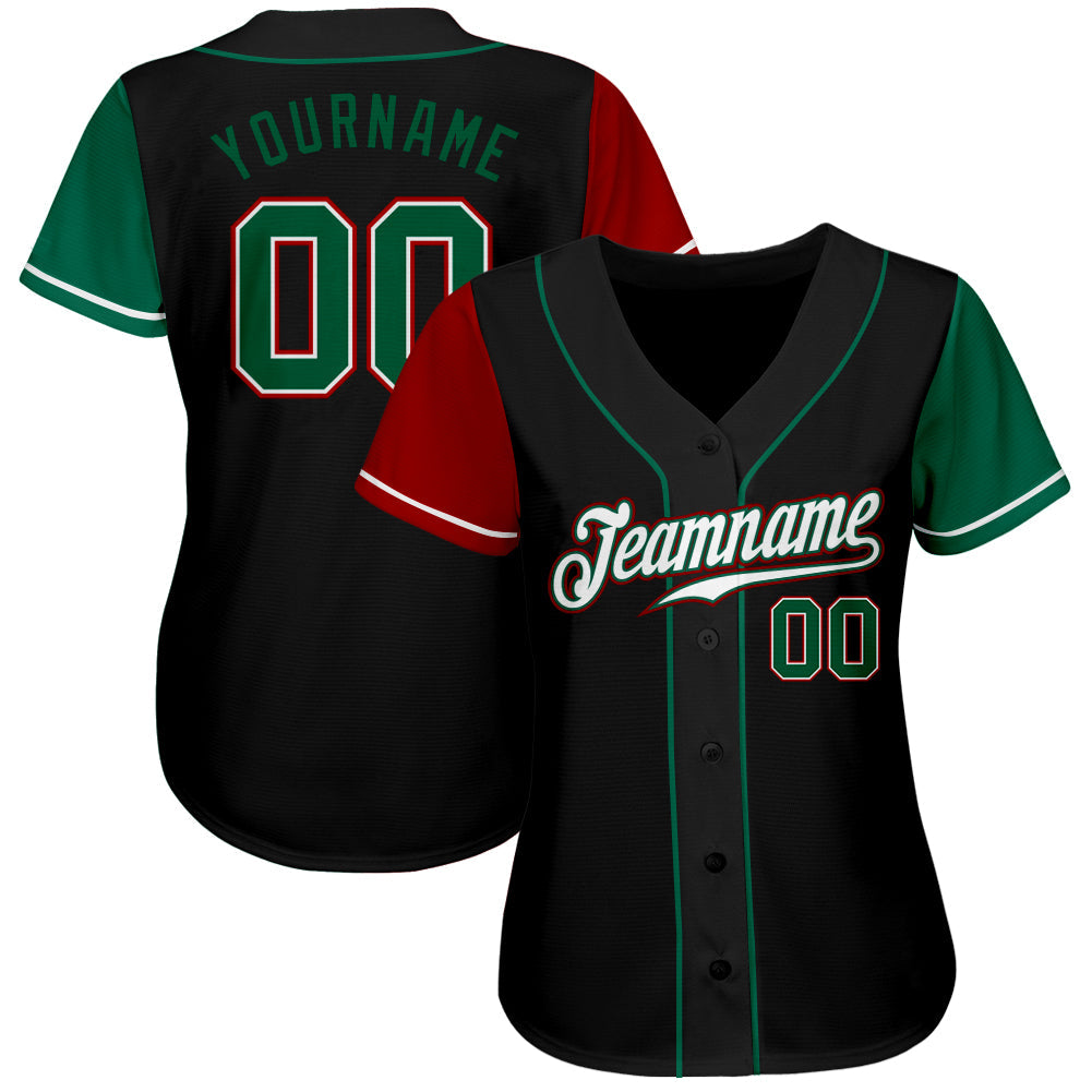 Custom Black Kelly Green-Red Authentic Two Tone Baseball Jersey view 2