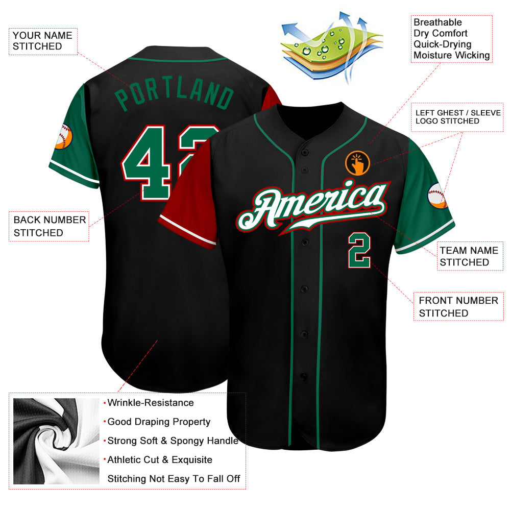 Custom Black Kelly Green-Red Authentic Two Tone Baseball Jersey view 3