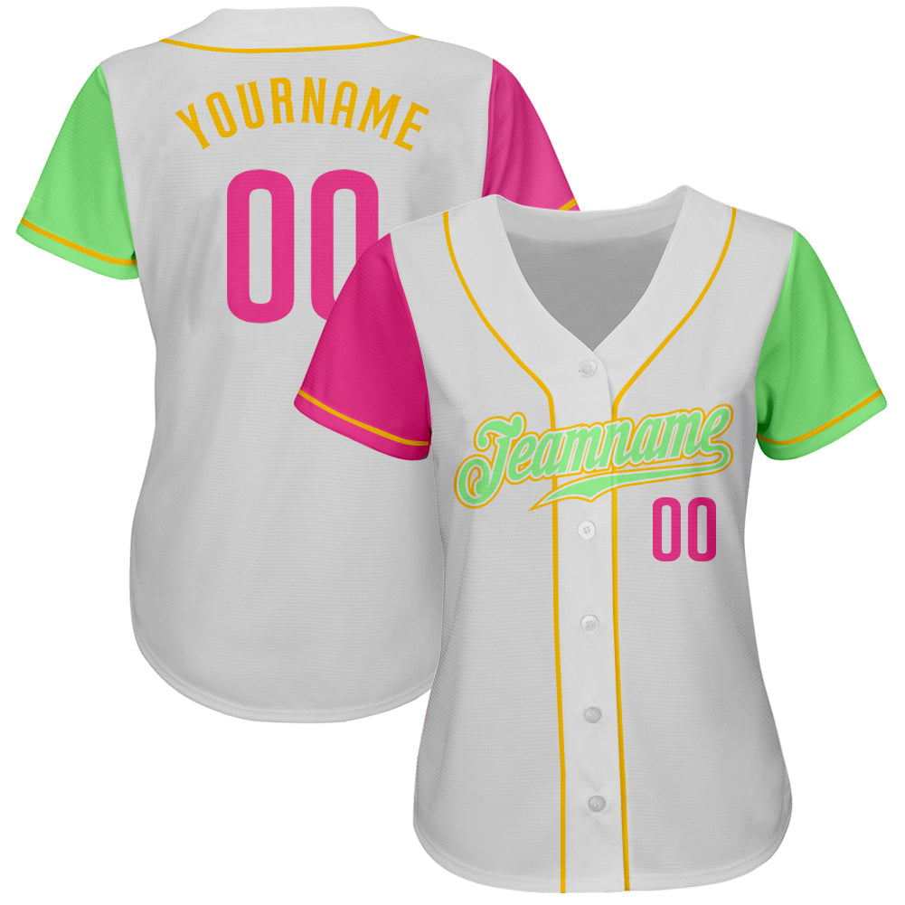 Custom White Pink Pea Green-Gold Authentic Two Tone Baseball Jersey view 2